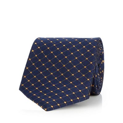Navy tile patterned pure silk tie
